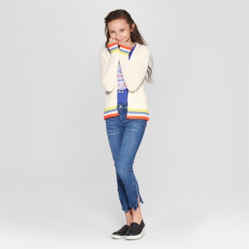 White w/ Silver Shimmer Short Open Cardigan - Neon Yellow, Neon Orange, Blue - Picture 2 of 5